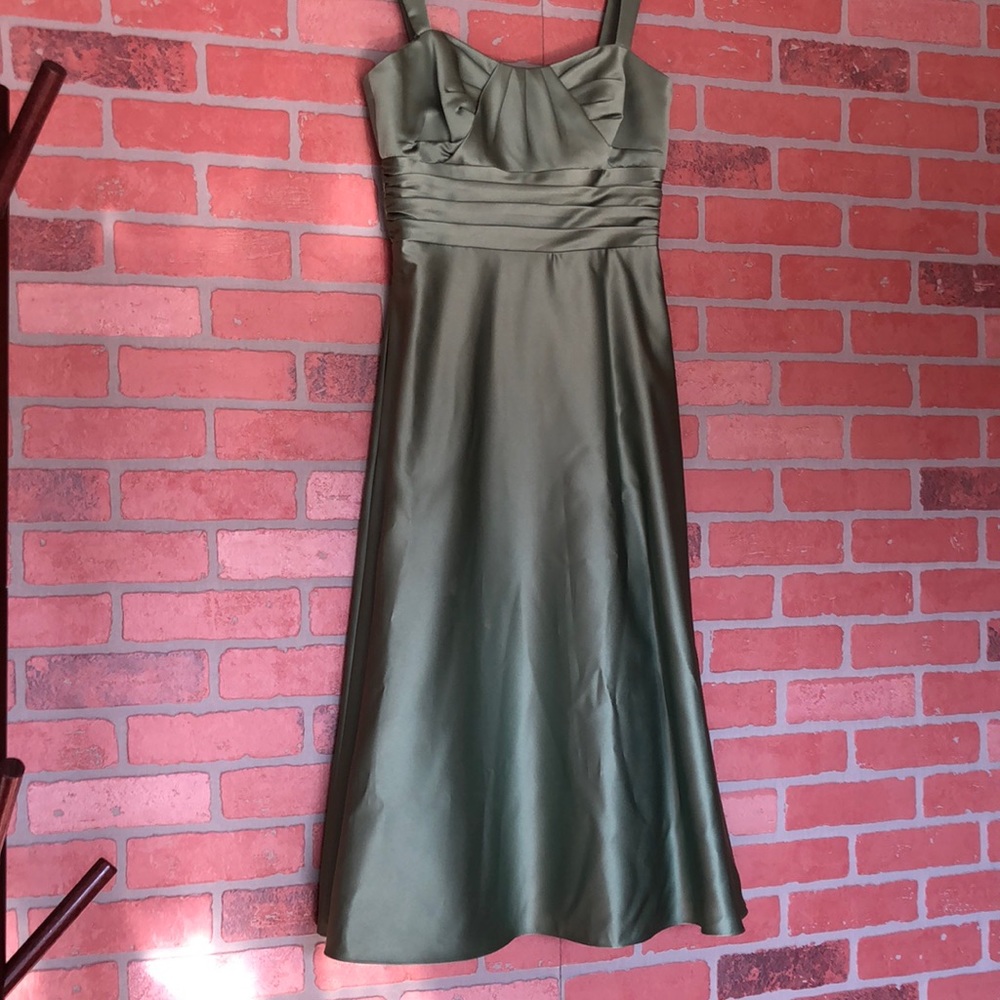 Alfred Angelo formal dress, cocktail length.  Olive green.